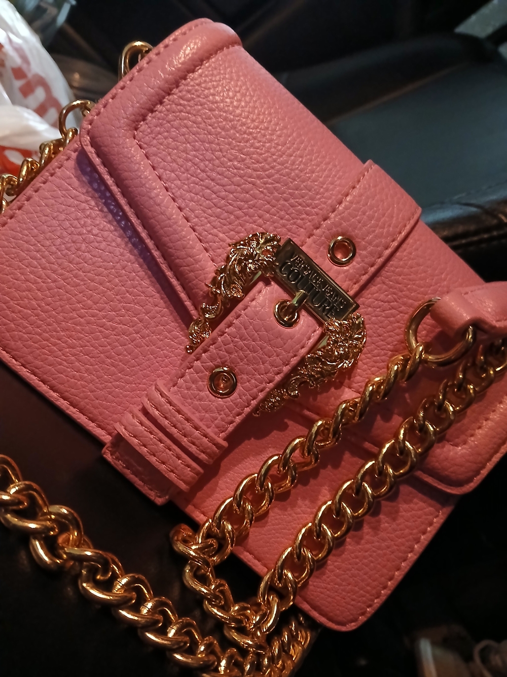Versace Collection Pink Pebbled Leather Crossbody with Gold Chain